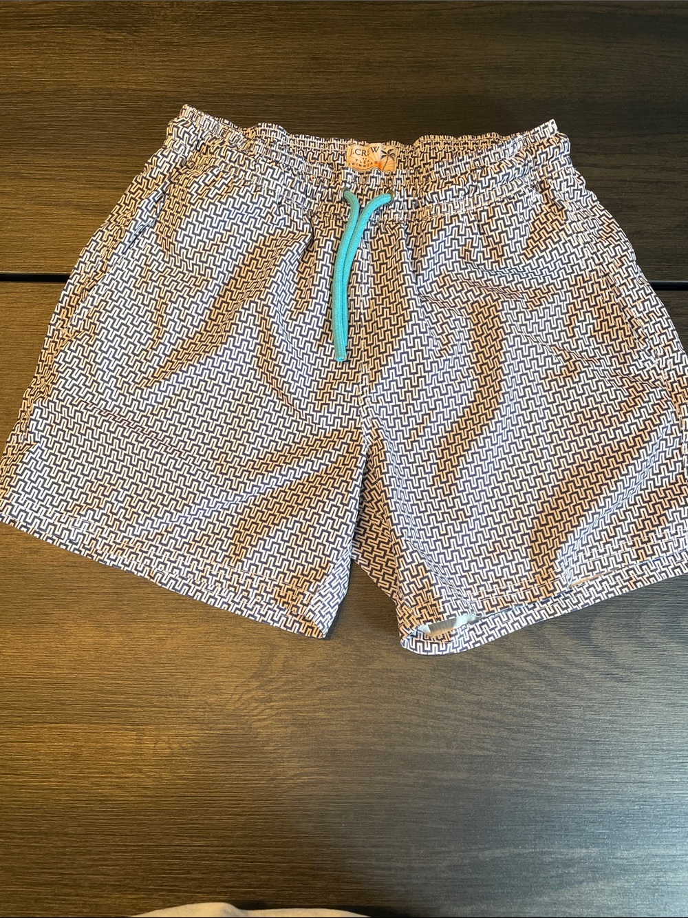 J. Crew White & Navy Geometric Swim Shorts with Teal Drawstring